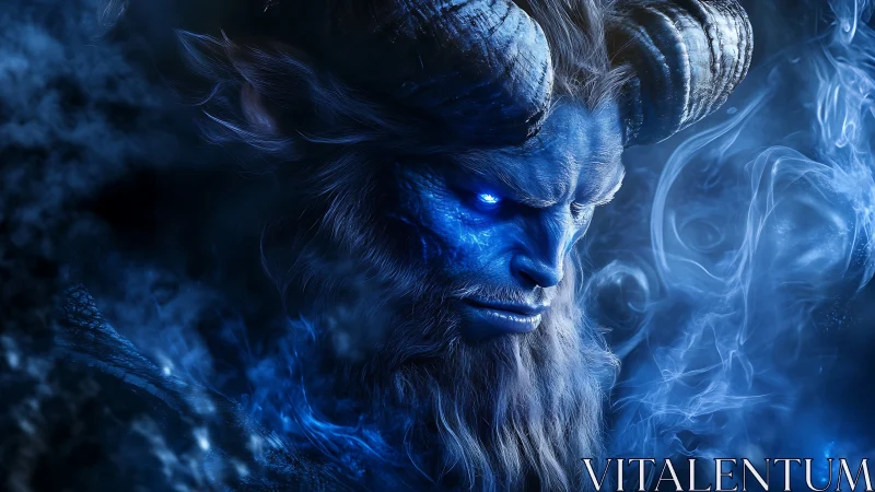 Blue horned demon portrait in swirling cold blue mist.
