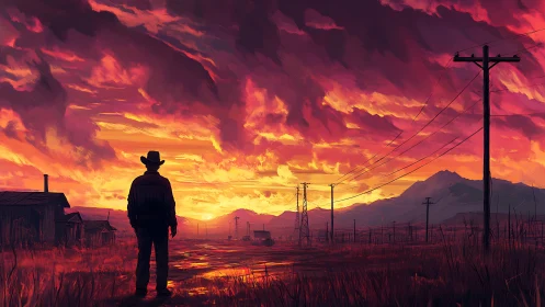 Lone cowboy silhouette studies fiery, high-contrast rural sunset sky