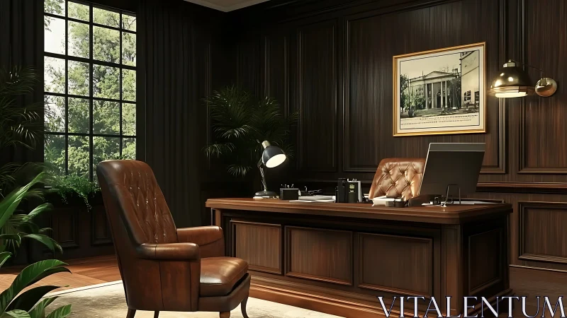 Sunlit classic office where polished wood meets calm focus.