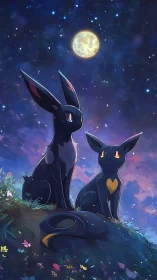 Celestial-lit twin creatures gaze upward under a saturated night sky