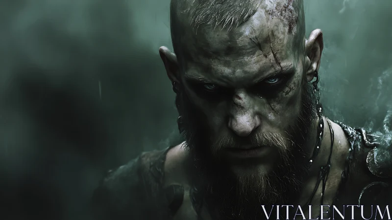 Weathered warrior gazing forward with stormy resolve.