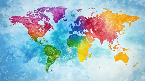 World map shows continents in bright rainbow watercolor