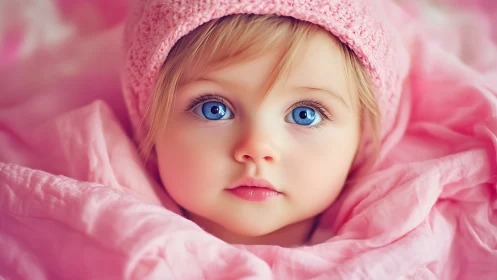 Young child in pink knit hat and tulle wrapping positioned centrally