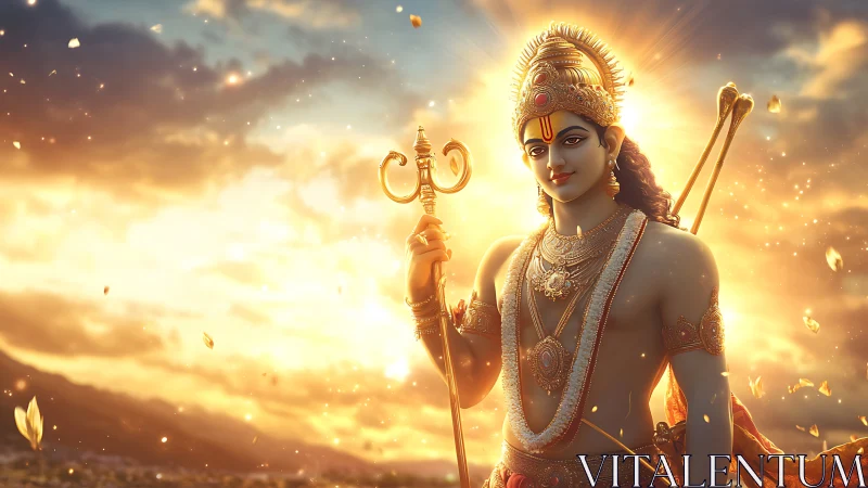 Radiant Hindu deity stands in golden divine sunrise light.