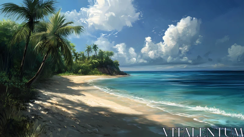 Tropical Beach Paradise with Palm Trees and Turquoise Ocean.