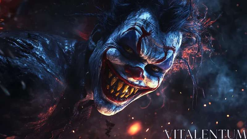 Nightmarish clown leans close with a wicked, fiery grin