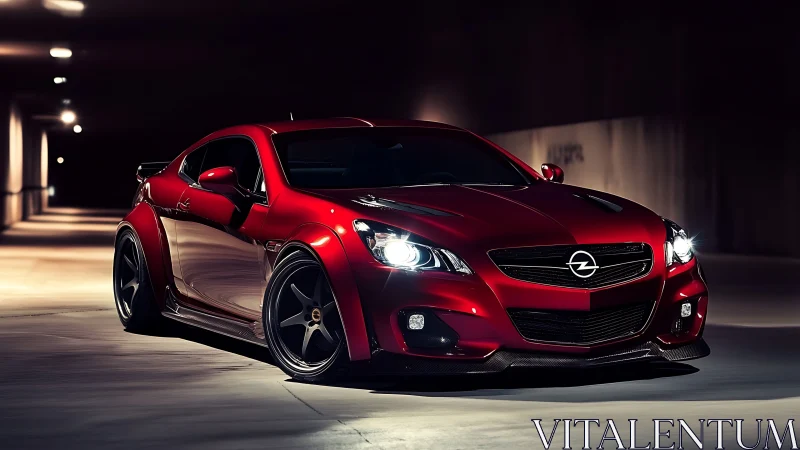 Low-slung red performance coupe in tunnel with dramatic lighting.