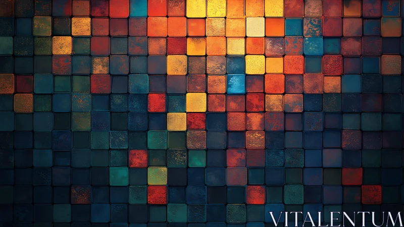 Colorful Abstract Mosaic Wall with Textured Square Tiles.
