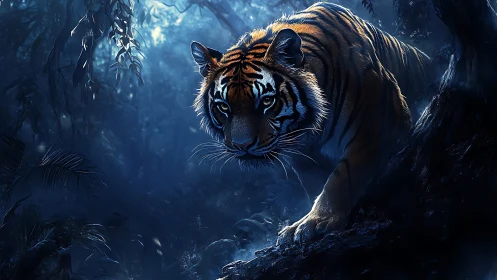 Moonlit jungle tiger stalking through cobalt-shadowed silence.