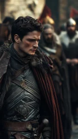 Brooding medieval warrior in leather armor and cloak.