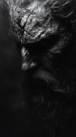 Monochrome profile of cracked stone-faced bearded figure.