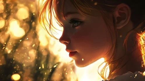 Digital painting profile portrait in luminous bokeh lightscape.