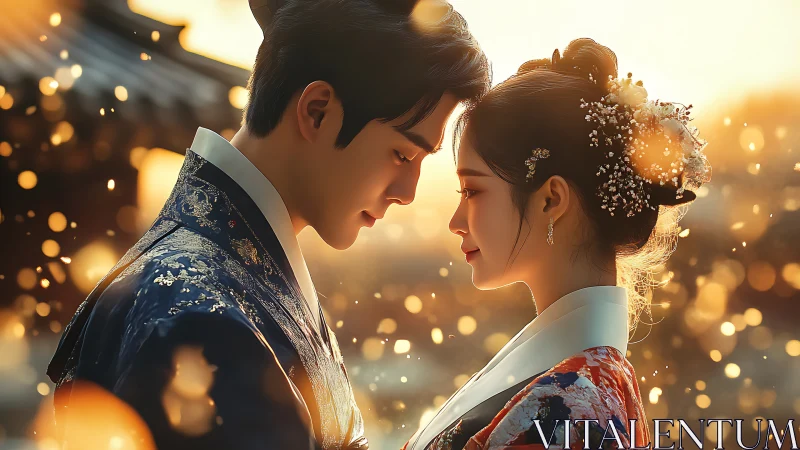 Couple in traditional garments at golden hour.