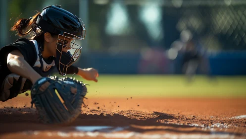 High-speed softball catcher dive across infield dirt plane.