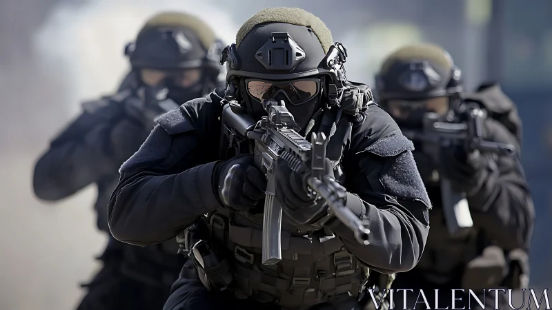 Special forces team advances with weapons drawn in formation.