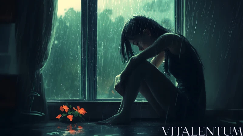 Digital painting of pensive woman at rainy window with florals.