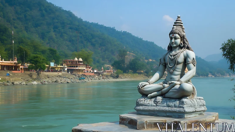 Riverbank stone deity sculpture in meditative frontal alignment.