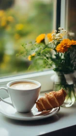 Shallow-focus coffee scene with orange daisies and pastries by window
