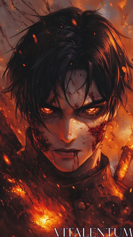 Battle scarred anime warrior stares forward through flames
