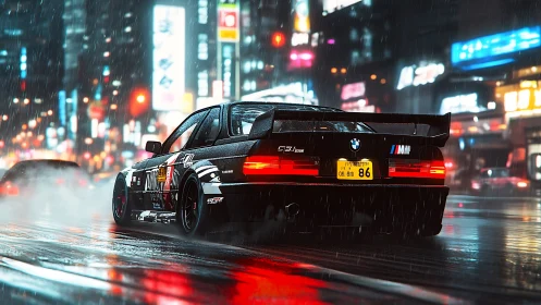 Tuned BMW coupe drifts through neon city street at night