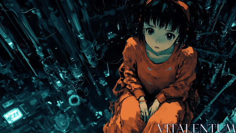 Quiet girl in orange resting amid a dreamy cyber city.