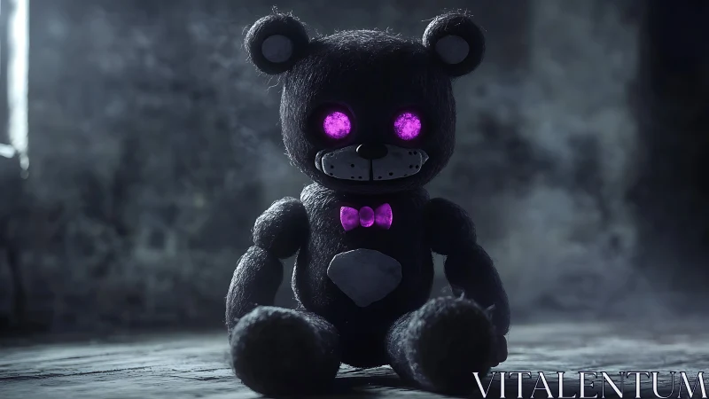 3D horror teddy bear with neon eyes in cinematic chiaroscuro.