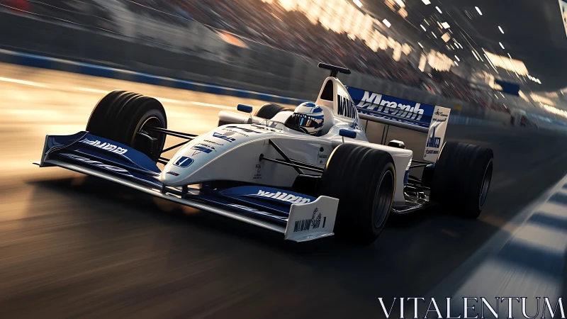 High-speed Formula racer in dynamic 3D track perspective.