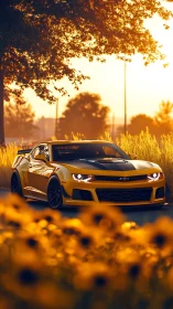 Yellow sports car glows at golden hour on a country road
