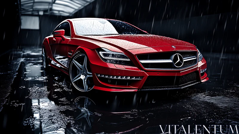 Red Mercedes coupe in rain with reflective wet pavement.