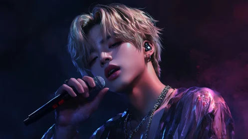 Digital portrait depicts singer holding microphone onstage