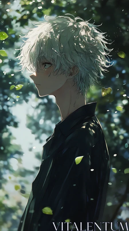 Melancholic silver haired boy stands in dappled forest light.