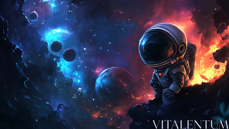 Tiny astronaut pauses between blue nebulae and orange fire