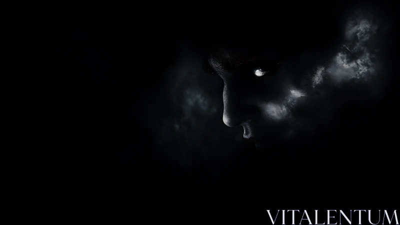 Human profile emerging from dark clouds in partial light.