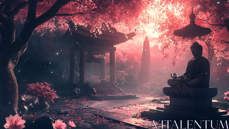Buddha garden stands under glowing crimson cherry canopy.