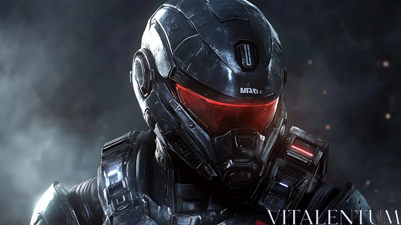 Armored sci fi soldier in black exosuit faces viewer