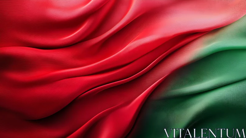 Silky red and green fabric waves flow in soft abstract motion