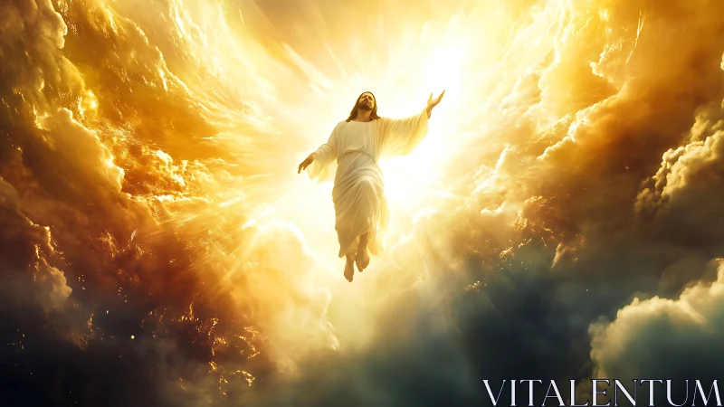 Radiant figure rising through golden clouds of light and hope.