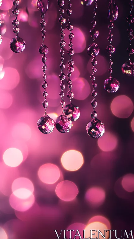 Pink crystal bead strands against blurred light background.