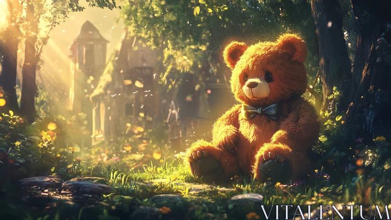 Gentle teddy bear resting in a sunlit enchanted forest.