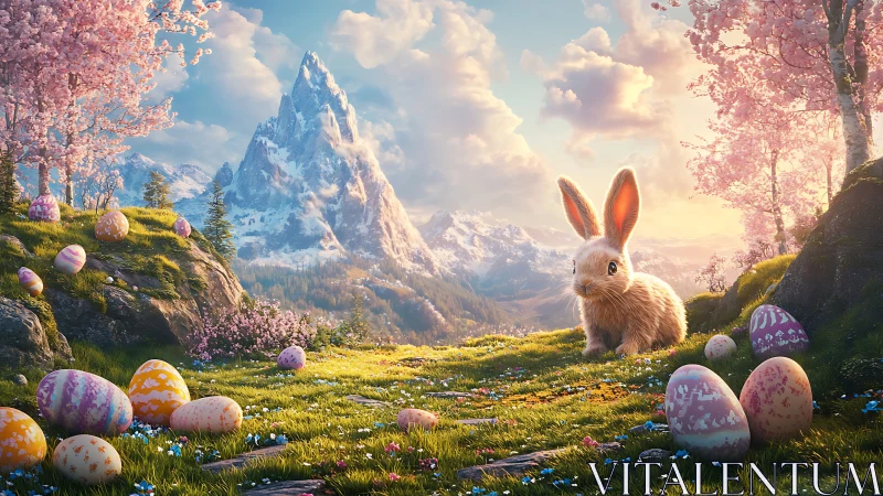 Easter meadow rabbit in pastel alpine sunrise landscape.