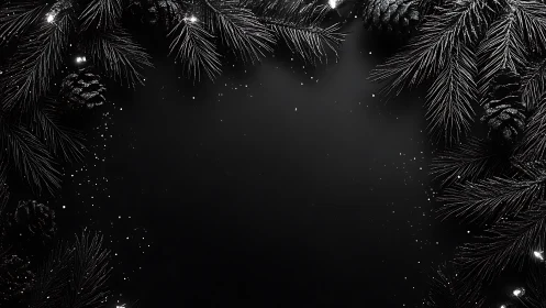 Black background framed by pine branches and pine cones.