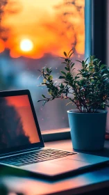 Laptop and potted plant on windowsill reflect warm sunset light