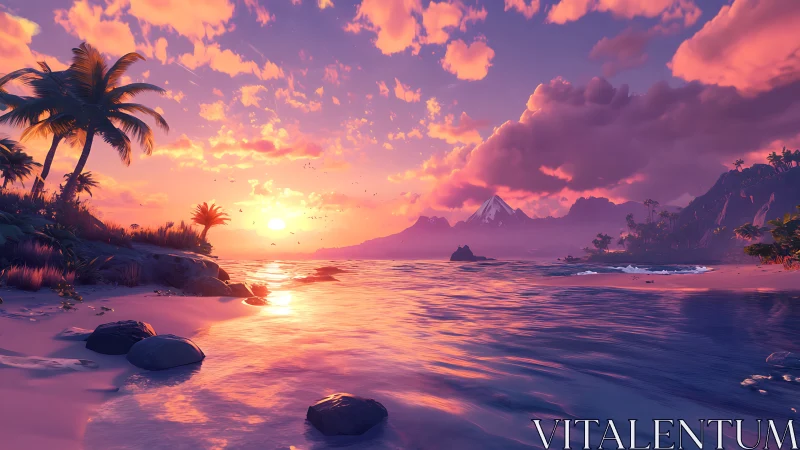 Digital painting of a tropical sunset coastline panorama.