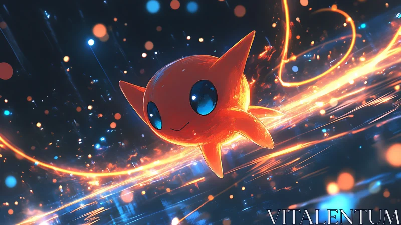 Glowing orange creature flying through neon energy trail.