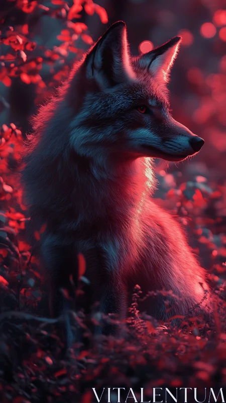 Fox in forest under red and blue cinematic lighting.