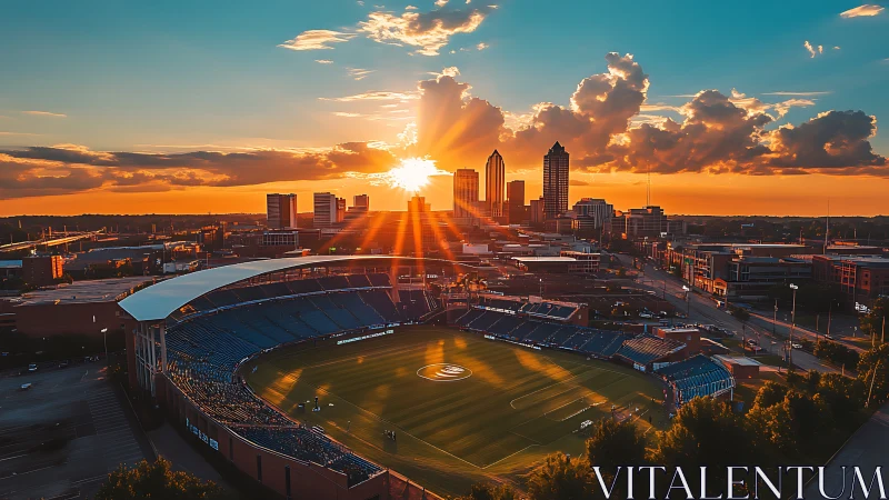 Sunset over city skyline with illuminated soccer stadium.
