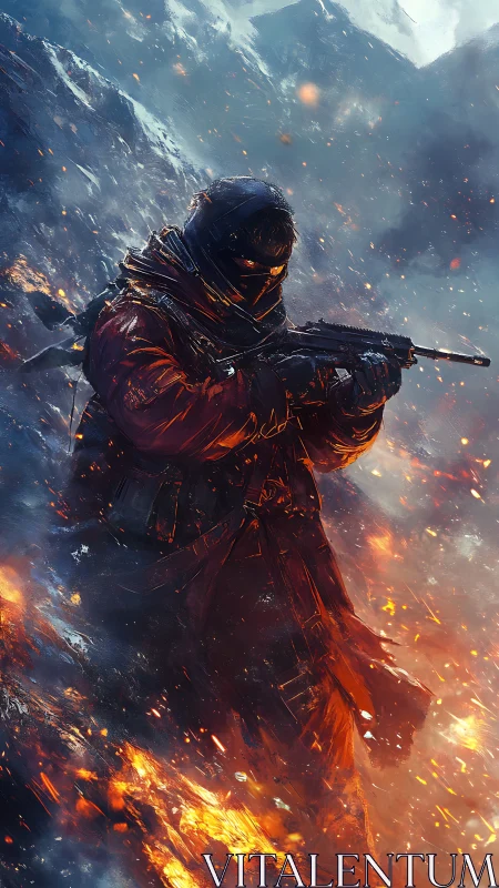 Heavily armed winter operative in fiery alpine battlefield