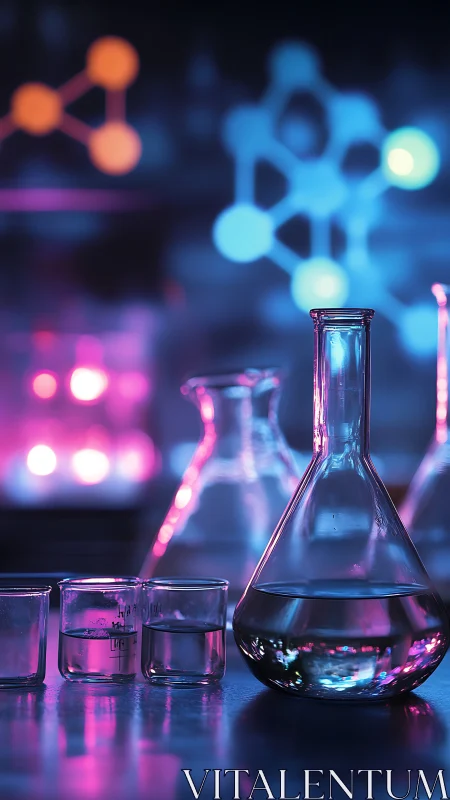 Scientific glassware glows under neon laboratory lights.