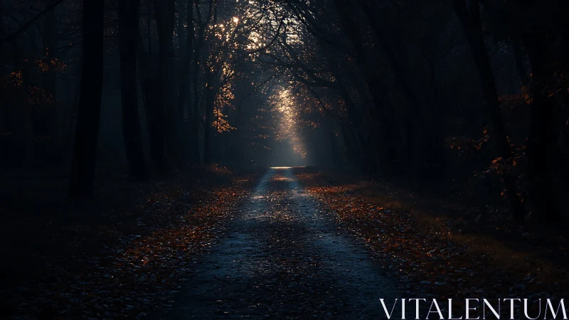 Luminous Forest Corridor: Atmospheric Depth with Golden Canopy Penetration.