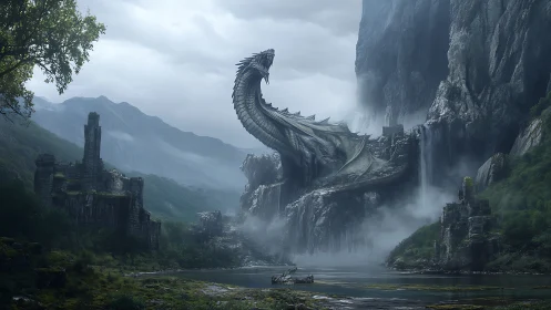 Monolithic stone dragon coils through foggy valley ruins and falls